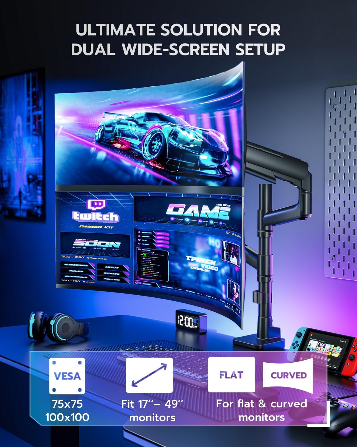 ARES WING Dual Monitor Mount for 17-49 Inch Ultrawide Heavy Duty Curved Screen, Computer Monitor Arm Desk Mount, Gas Spring Adjustable Vesa Stand, Black