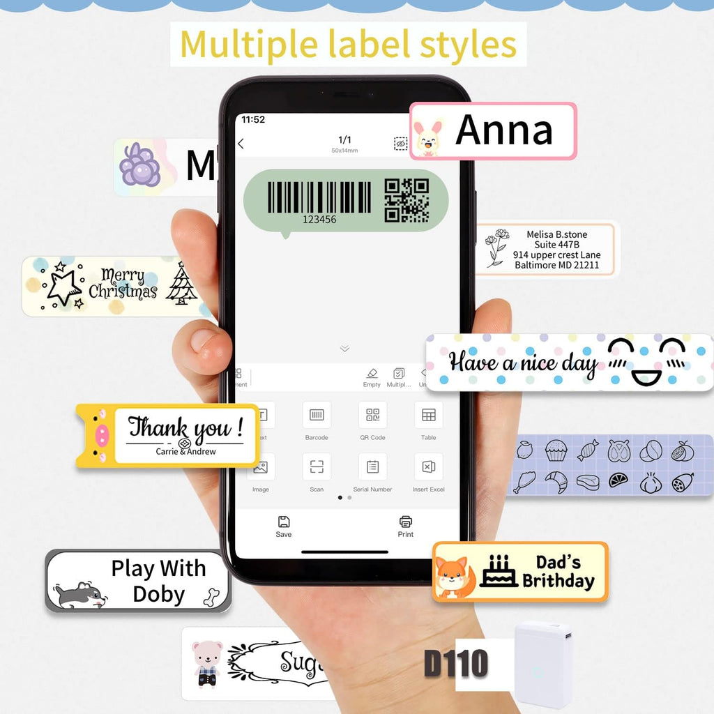 LMASBLTER D110M Label Maker Machine with Tape Portable Bluetooth Sticker Label Printer with Different Fonts Easy to Use Ideal for Home Office Organization Small Business Supplies USB Rechargeable