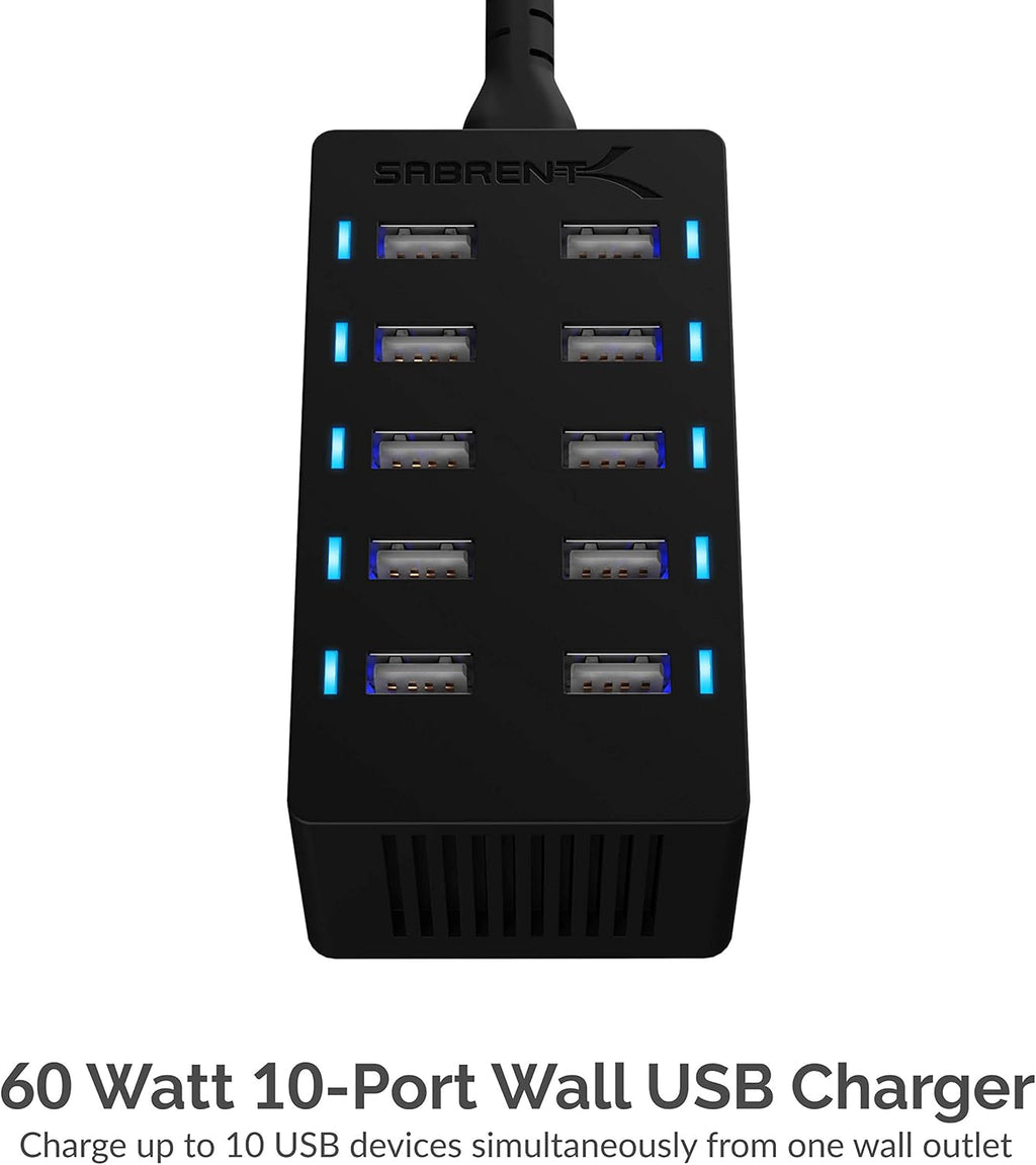 Sabrent 60 Watt (12 Amp) 10-Port [UL Certified] Family-Sized Desktop USB Rapid Charger. Smart USB Ports with Auto Detect Technology [Black] (AX-TPCS)