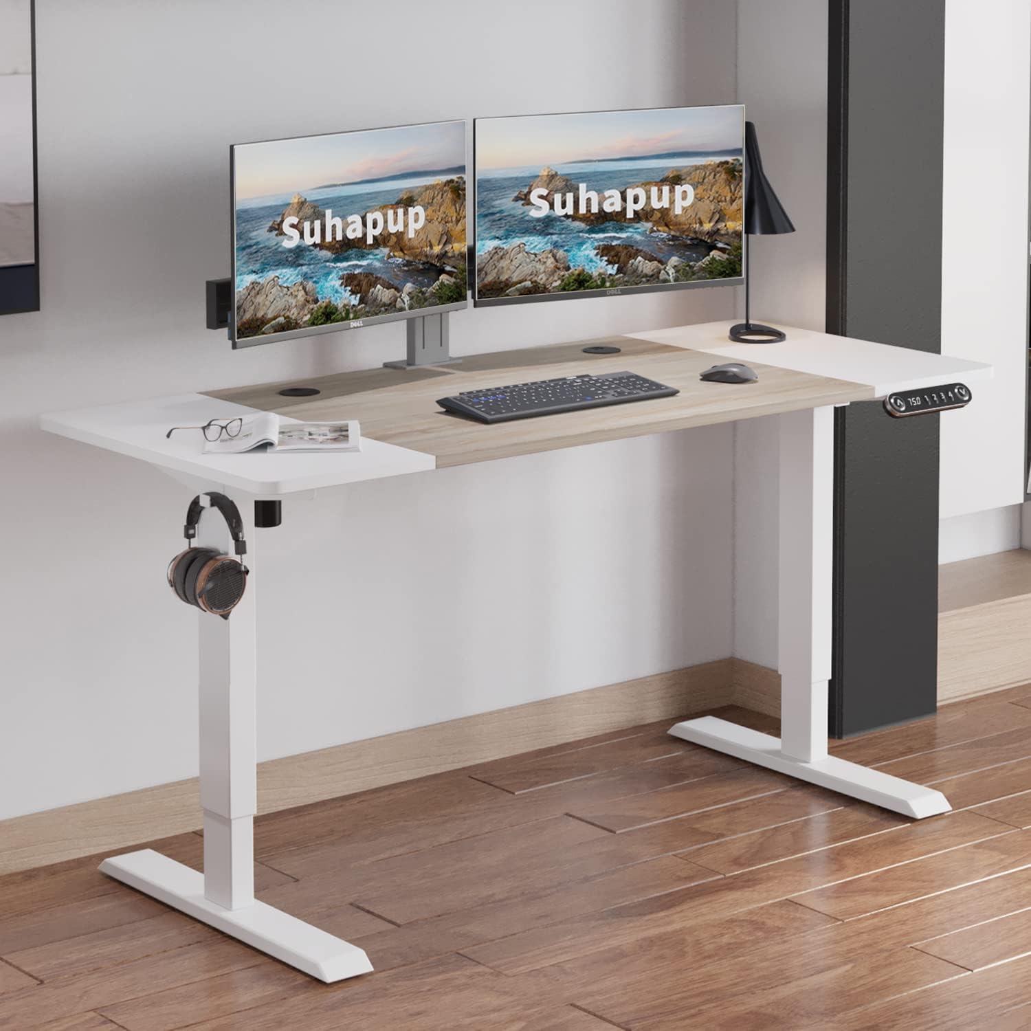 Electric Height Adjustable Standing Desk, 63 x 30inches Height Adjustable Computer Desk Sit Stand Desk Home Office Desks with Splice Board White Frame + White Top