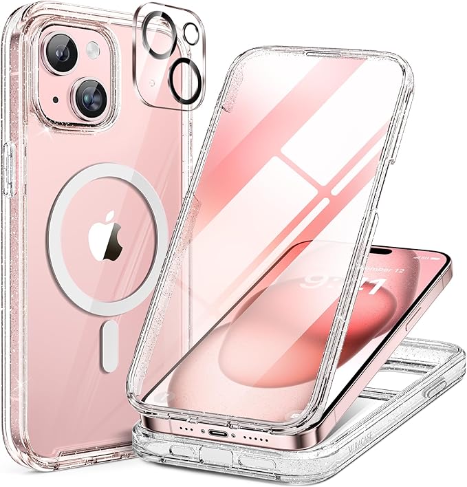 Miracase Glass Series for iPhone 15 Case [Compatible with MagSafe] Full-Body Magnetic Case with Built-in 9H Tempered Glass Anti-Fingerprint Screen Protector + Camera Lens Protector, Clear Glitter