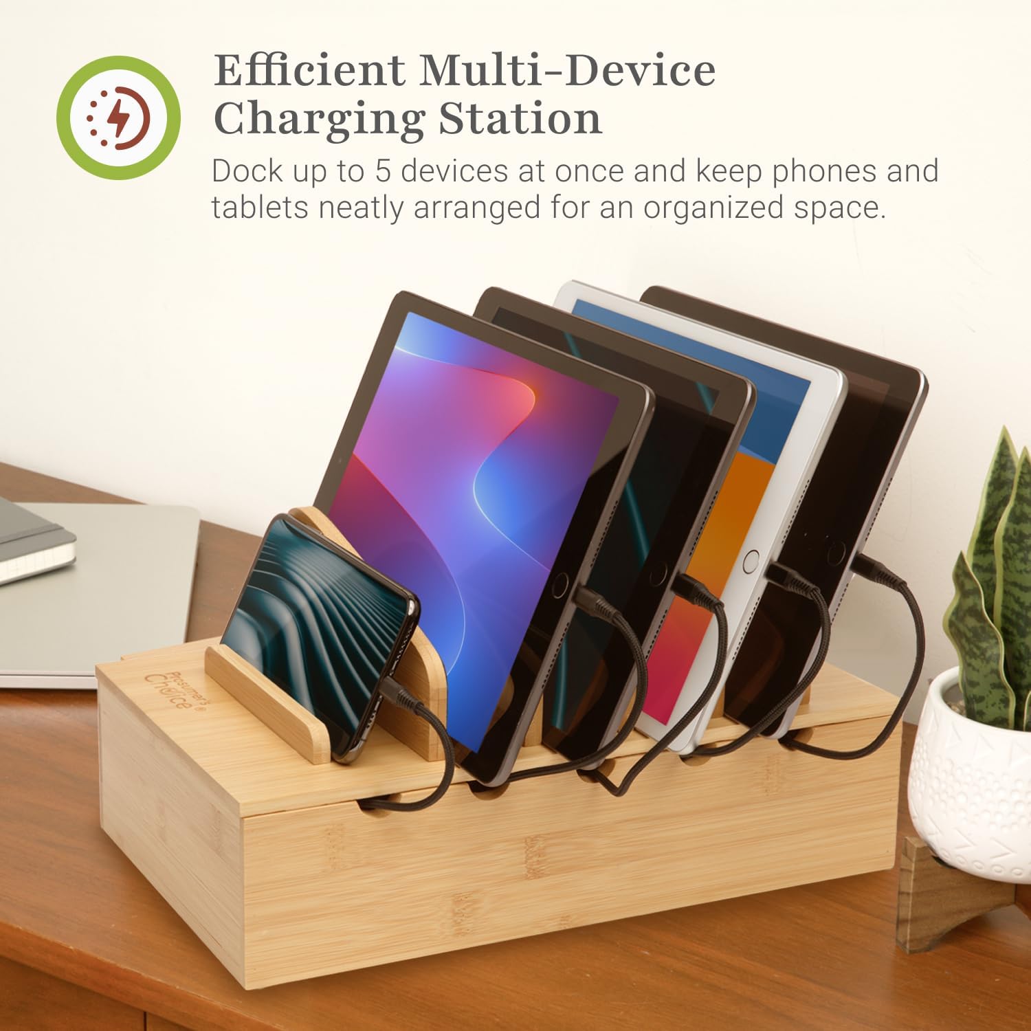 Prosumer's Choice Wooden Charging Station Organizer - 5-Port Base for Phones, Tablets and Laptops - Multi-Device Docking Station with Removable Divider Slots - Cord Box with Cable Management - Bamboo