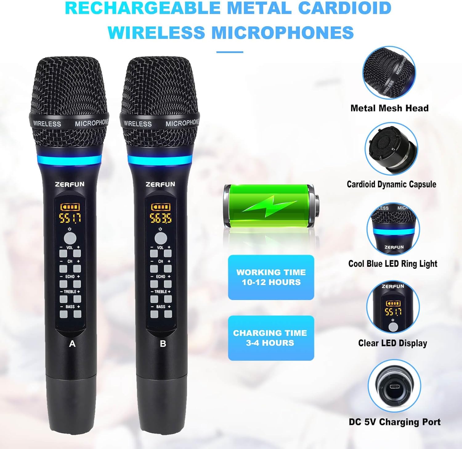 4 Channel Rechargeable Wireless Microphone System, Pro UHF Metal Handheld Wireless Microphones Cordless Mics with Echo Treble BASS VOL Channel Control for Karaoke Singing Church(GT-200)