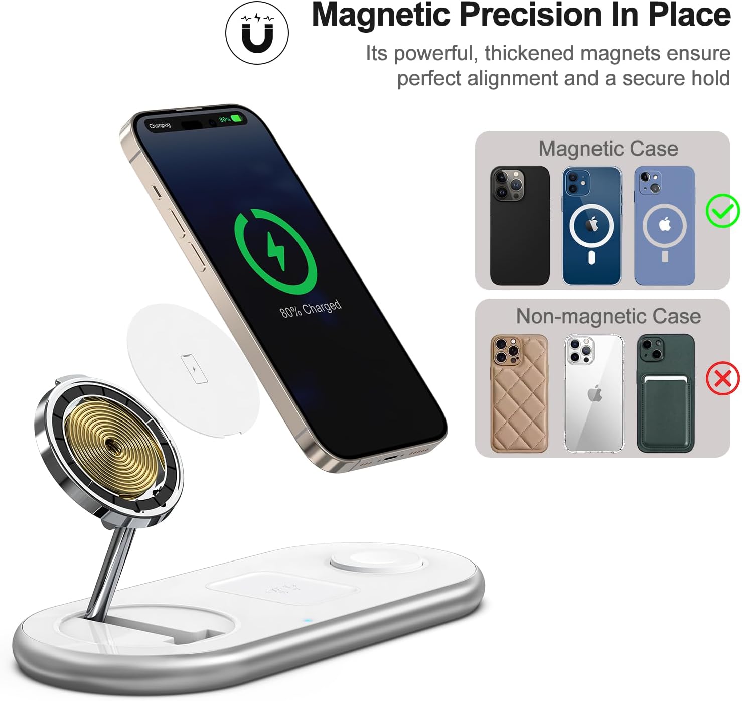 3 in 1 Charging Station for Apple - Faster Mag-Safe Charger Stand for iPhone - Magnetic Wireless Charger Station for iPhone 16/15/14/13/12 Series, Apple Watch Series, AirPods Pro (White)