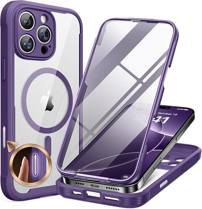 Miracase Designed for iPhone 16 Pro Max Case 6.9'' [Compatible with MagSafe] Full-Body Phone case with Built-in Glass Screen Protector,Drop Proof 16 Pro Max Cover, Purple