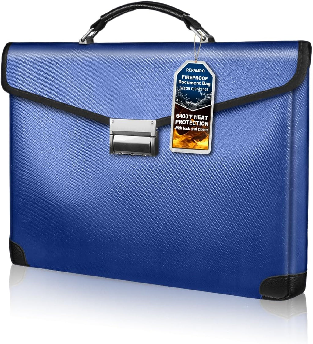 Fireproof Document Bag 14.5"X11"X2.5" Fireproof Money Bag for Cash with Lock and Zipper,Fire&Waterproof Storage Organizer Pouch for Valuables,Legal Document,Laptop,Passport, (Blue)