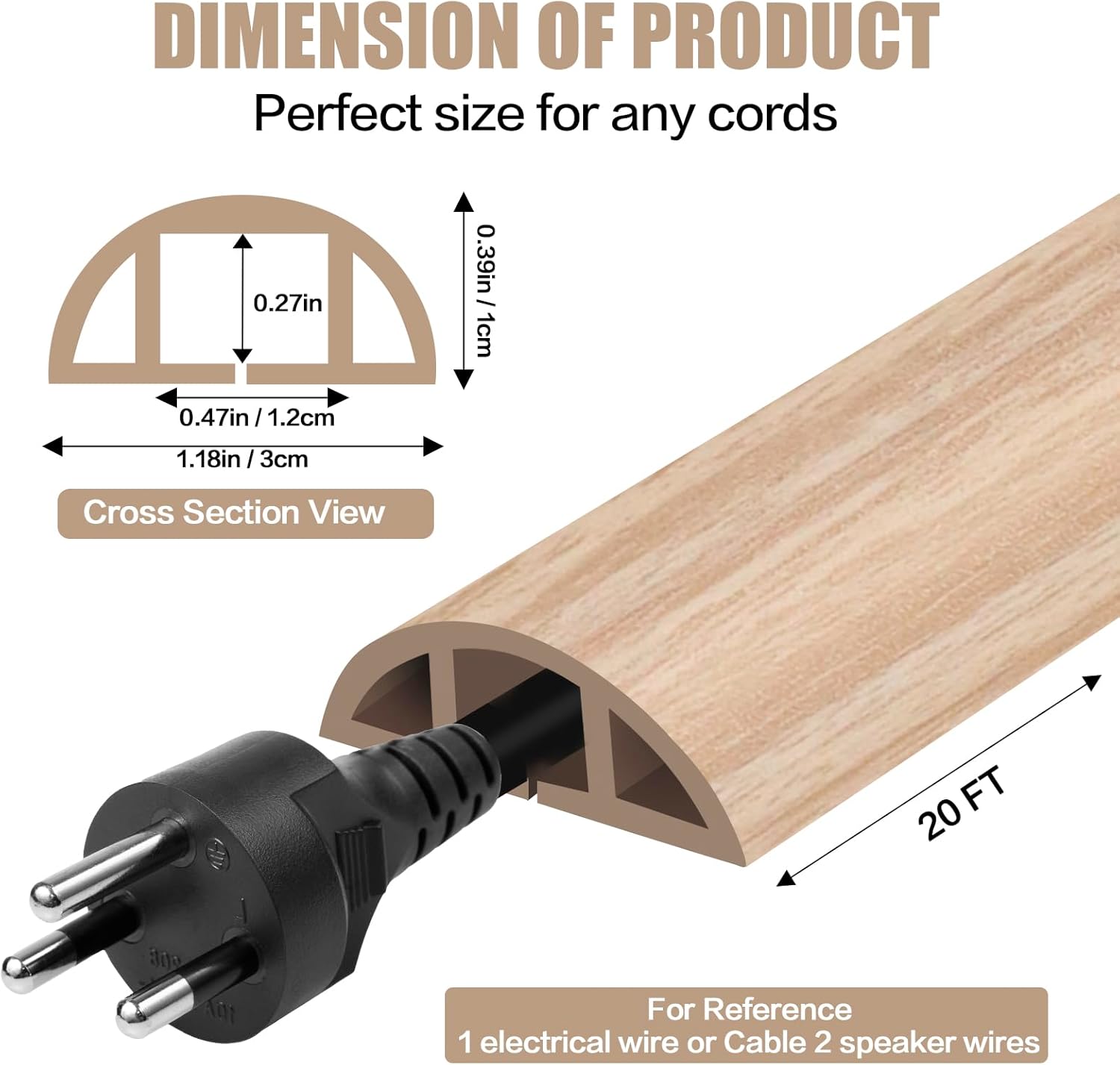 Floor Cord Cover Self Adhesive Cord Hider,20FT Cable Management, Extension Strip Protector for Wires, Prevent Cable Trips for Offices, Gyms, Exhibitions Cavity:0.39"(W) x 0.27"(H) WoodLightyellow