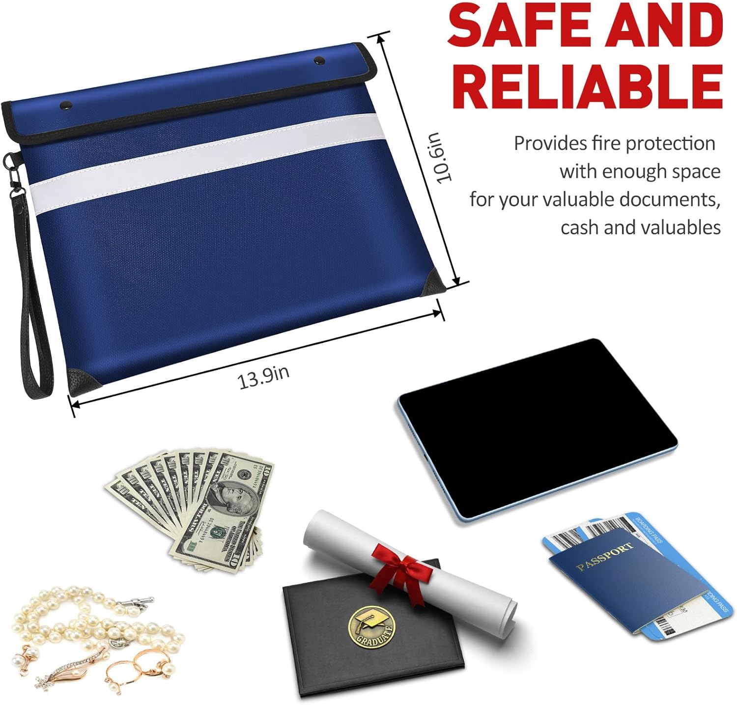Vailoin Fire Proof Bag with Water Resistant Zipper（13.9"x10.6"）,6200°F Heat Insulated Fireproof Money Pouch with Hand Strap,Fireproof Water Proof Envelopes for Crucial Documents，Contracts (Blue)
