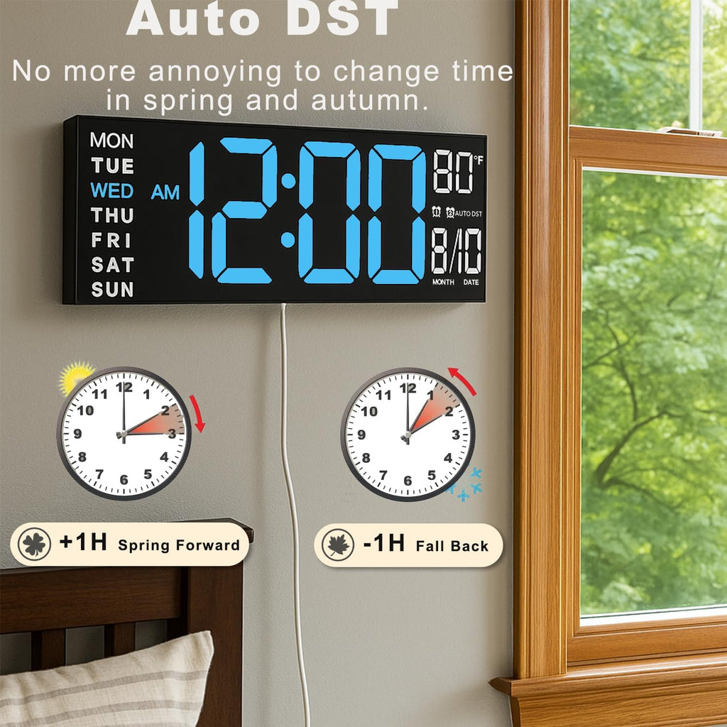 TrophyRak 16" Large Digital Wall Mount Clock, Count Down Timer, Alarm, Big LED, RGB Color, DST, Temperature for Living Room Classroom Desk, Wall, Xmas, Birthday Gift for Senior Mom Dad, Blue White