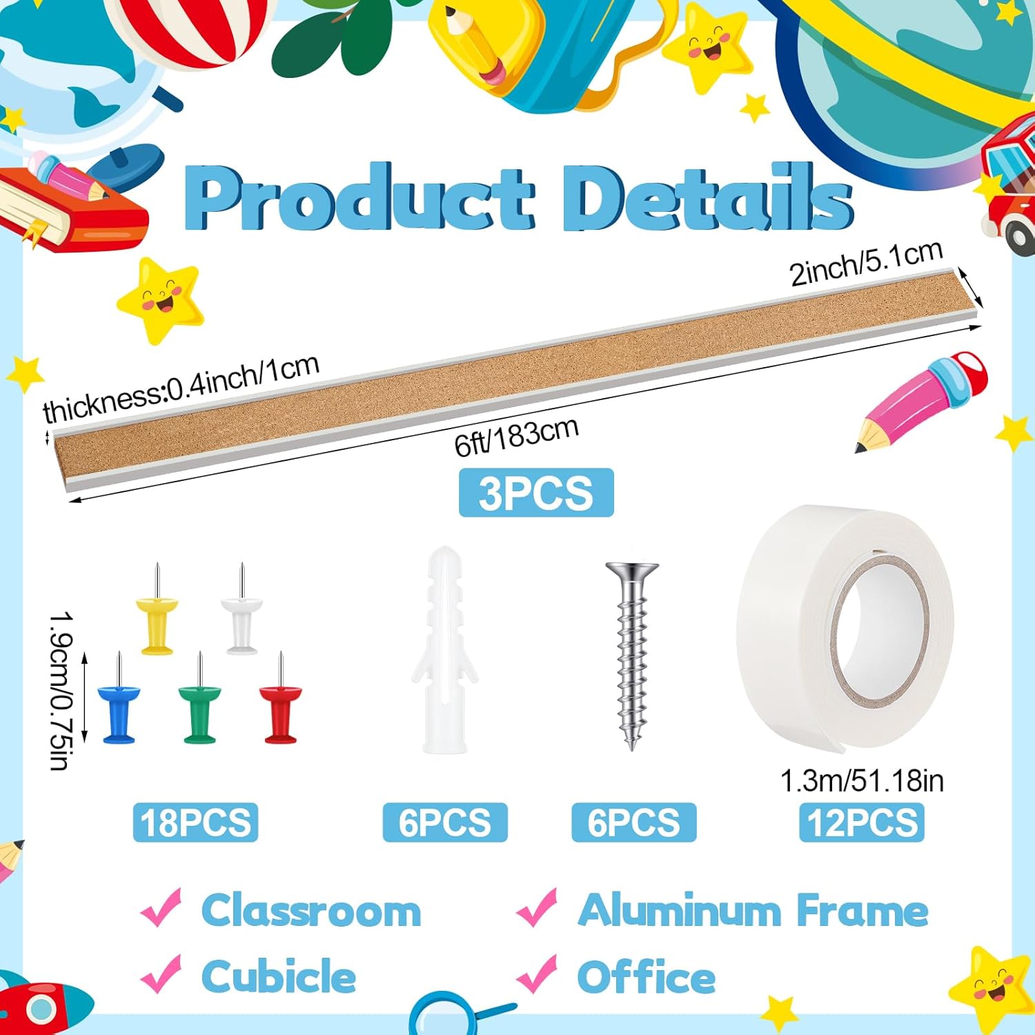 3 Pcs 72'' x 2" Cork Board Strip for Wall - Bulletin Bar Tack Board With Aluminum Trim - Brown Cork Strips for Classroom, Office Walls, Cubicle