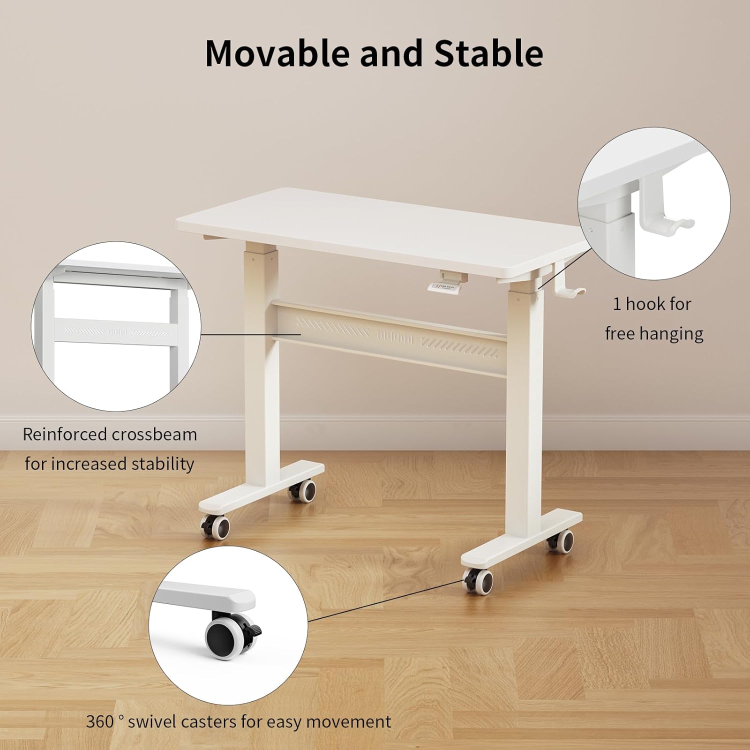 Mobile Walking Pad Desk with Wheels, Pneumatic Small Rolling Standing Desk Riser Height Adjustable (28-43.7") for Treadmill, Portable Computer Table for Home Office, White
