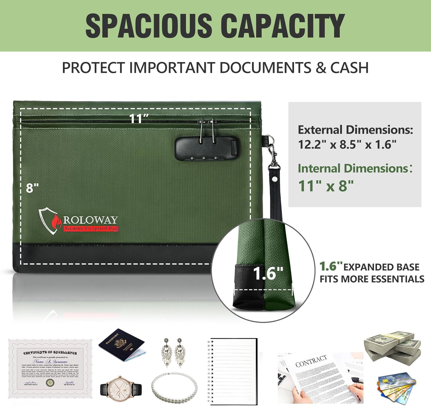 ROLOWAY Fireproof Money Bag with Lock for Cash, 6400°F Fire Proof Document Bag (12.2 x 8.5 x 1.6 inches), Money Pouch with Zipper (Green)