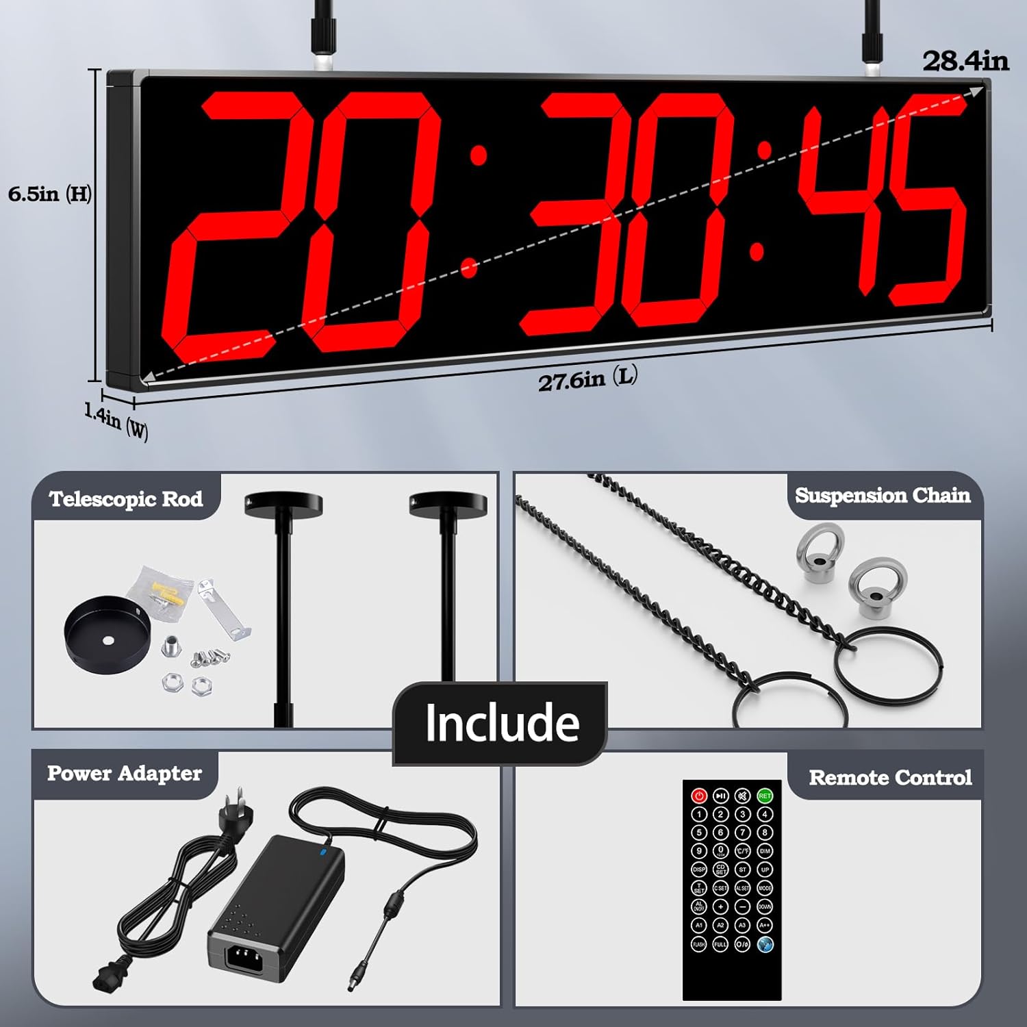 28.4‘’ Digital Clock with Large Display,Hanging Clock with Clearly Visible Large Digital Double-Sided Display,Multi-Function Led Clock with Temperature and Calendar Display (Red)