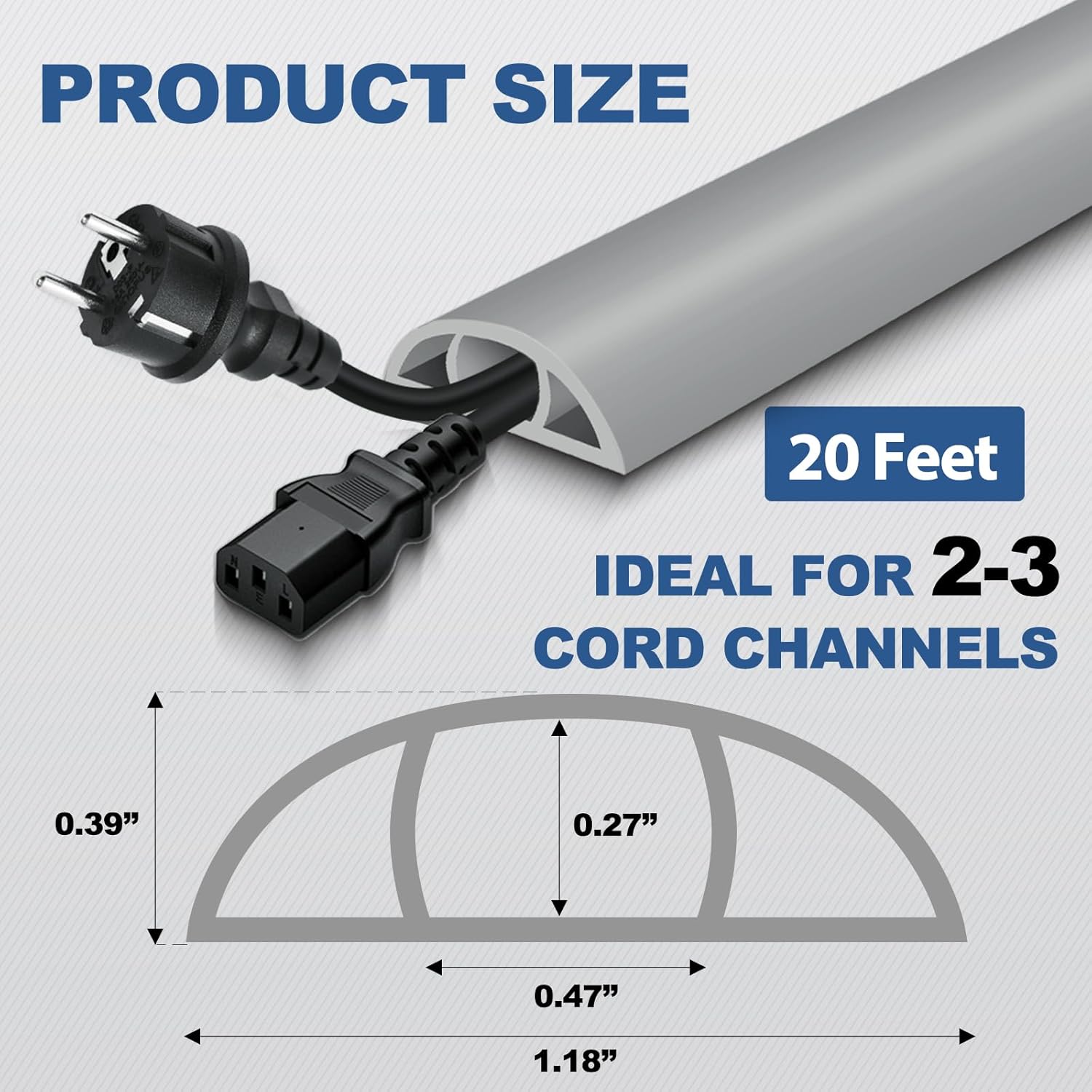 Floor Cord Cover for Wires on Floor Self Adhesive Cord Hider Floor Cable Management Wire Covers for Cords Protector Prevent Cable Trips Cord Cavity W 0.47" x H 0.27", Gray, 20Ft