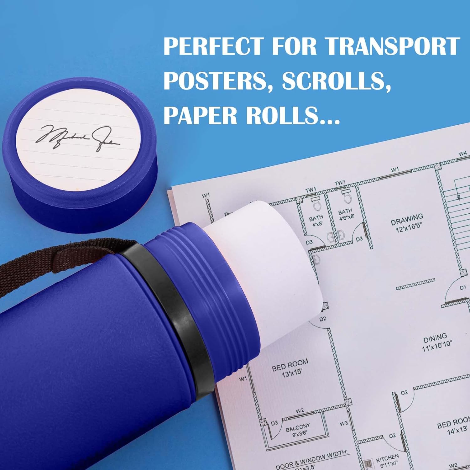 JJRING Blue Poster Tube, 25" to 40" Extendable Poster Storage Holder Tube with Carrying Strap, Poster Carrying Case for Blueprints, Scrolls, Maps and Architect Papers