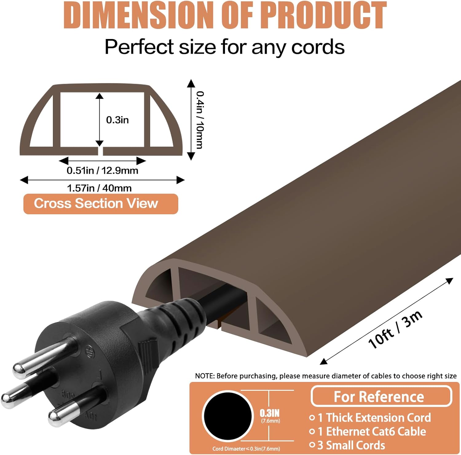 Floor Cord Cover Cable Cavity Self Adhesive Cord Hider Floor 10FT Floor Cable Management Power Cord Protector Floor Electric Cord Covers for Offices, Gym, Exhibitions (CoffeeBrown, 1.57" x 10')