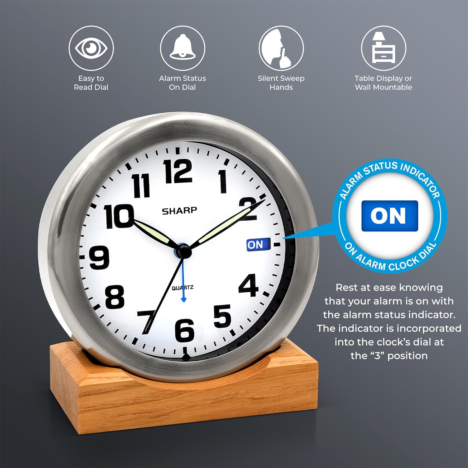 Sharp Silent Sweep Quartz Analog Alarm Clock with Alarm Status Indicator on Dial, Brushed Metal Clock with Genuine Wood Stand