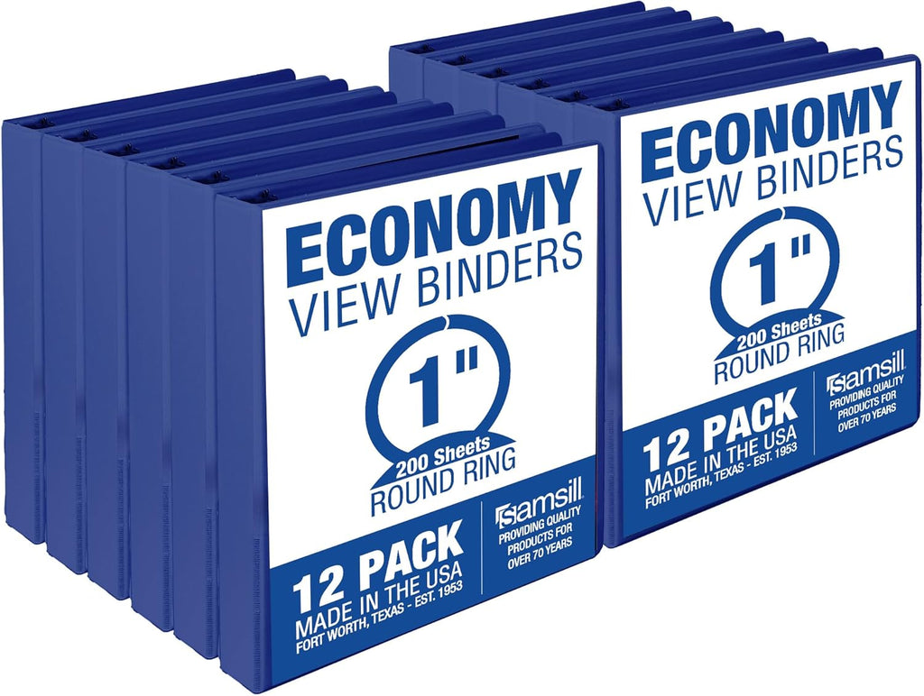 Samsill 1 Inch 3 Ring Binders, Made in USA, Economy Round Ring, Clear View Cover, 200 Sheet Capacity - for School, Home, Office - Blue, 12 Pack