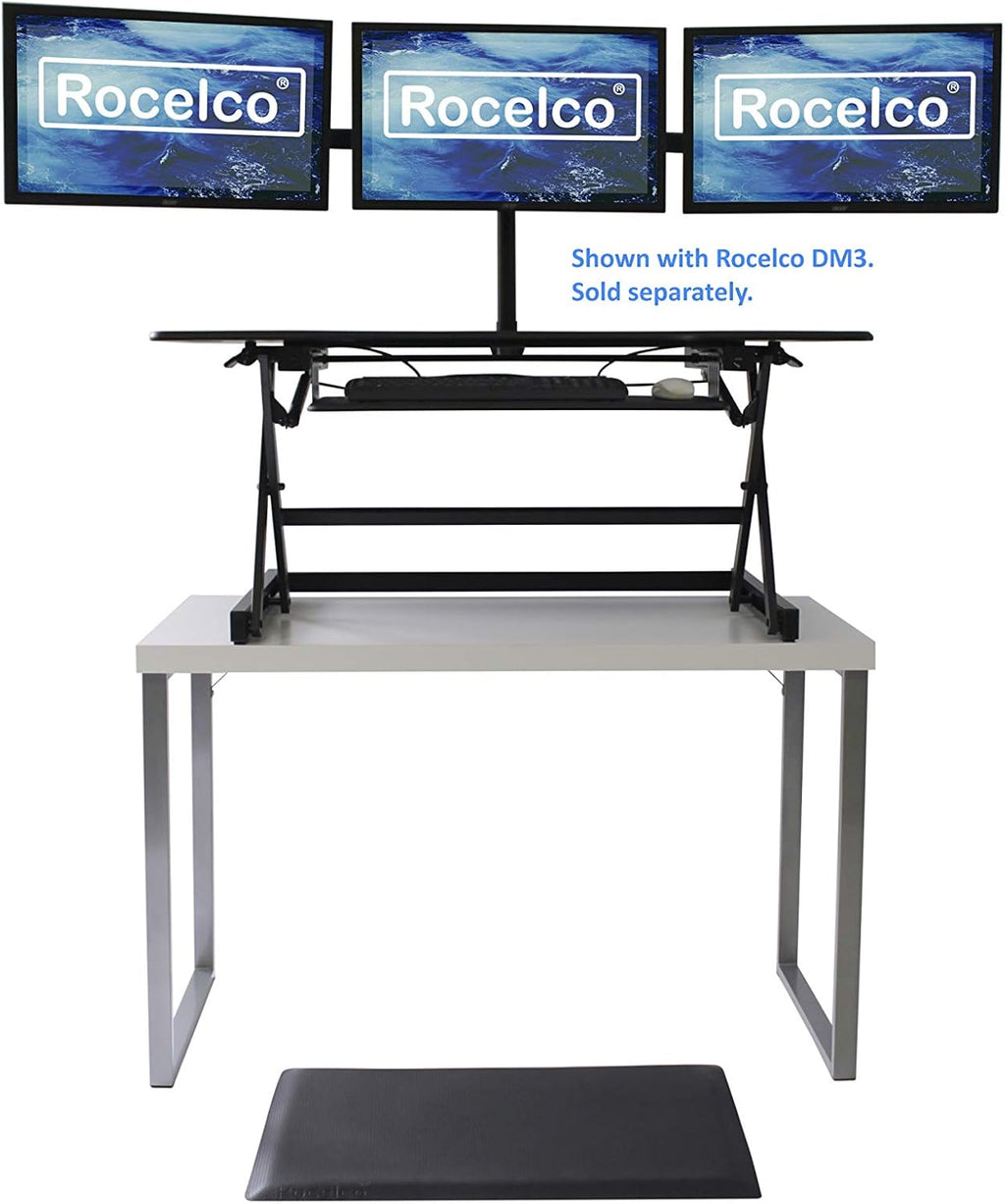 Rocelco 46" Large Height Adjustable Standing Desk Converter with Anti Fatigue Mat BUNDLE - Quick Sit Stand Up Triple Monitor Riser - Retractable Keyboard Tray - Black (R DADRB-46-MAFM)