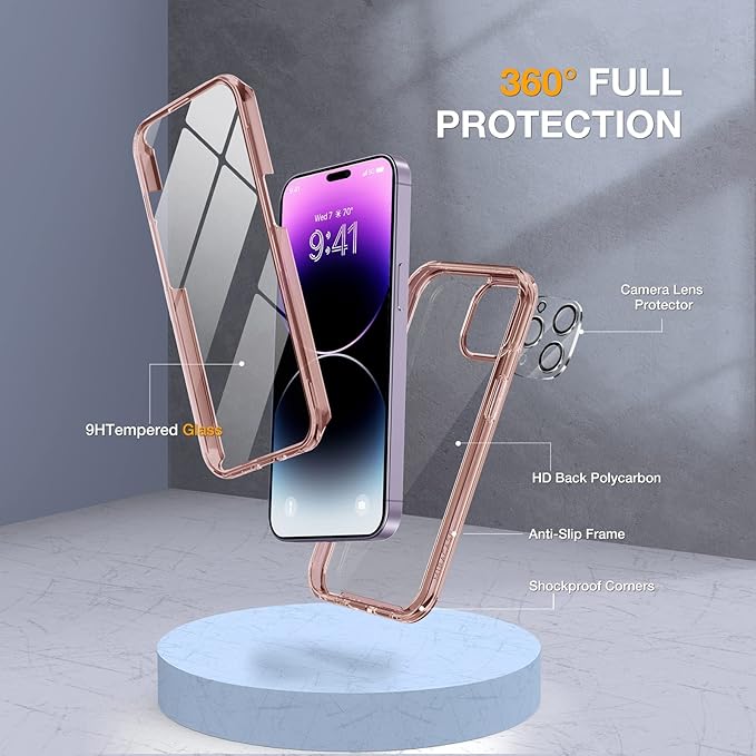 Miracase Glass Series Designed for iPhone 14 Pro Max Case 6.7 Inch, Upgrade Full-Body Bumper Case with Built-in 9H Tempered Glass Screen Protector, with Camera Lens Protector, Clear Pink