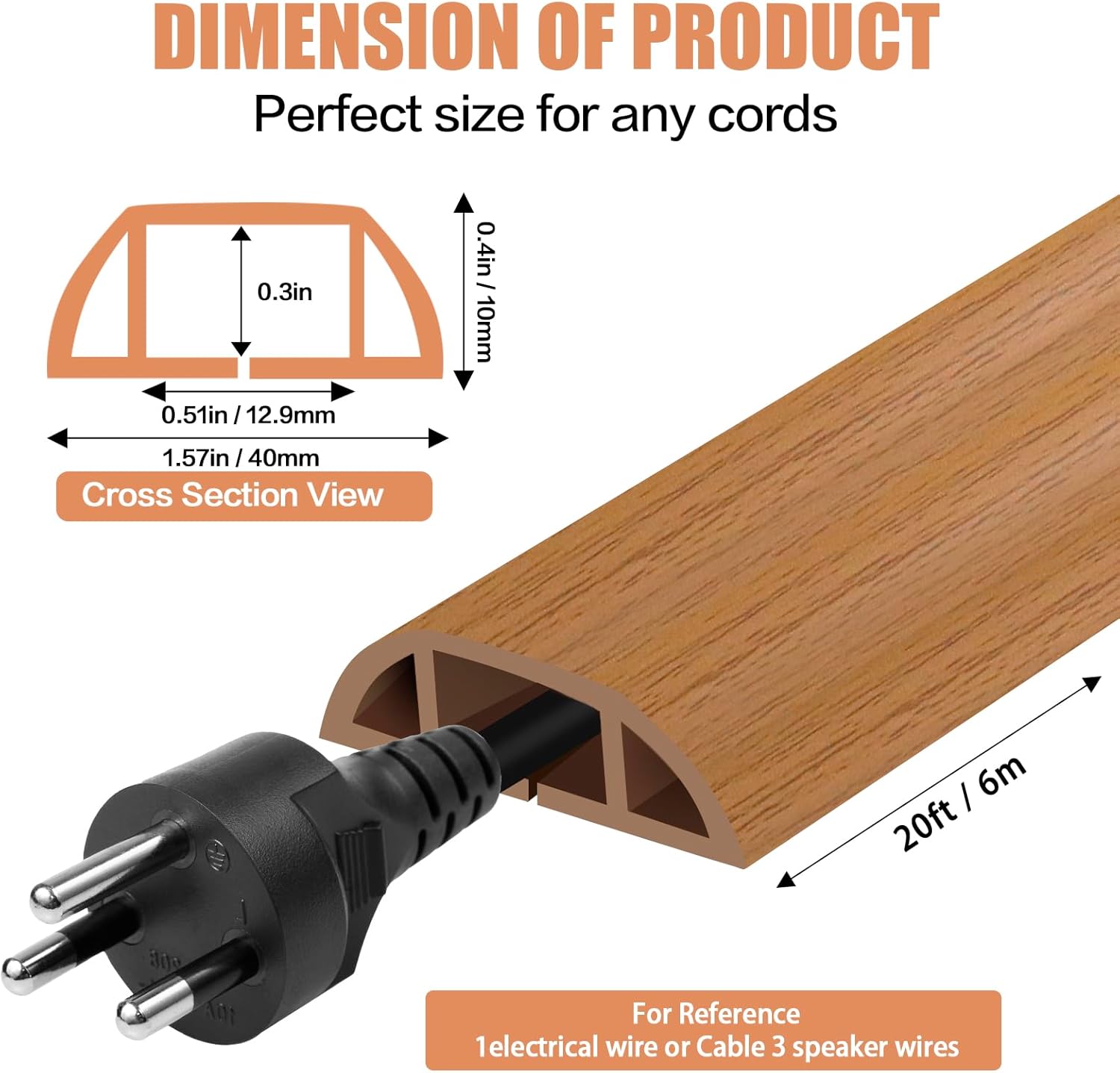 Floor Cord Cover Self Adhesive Cord Hider,20FT Cable Management, Extension Strip Protector for Wires, Prevent Cable Trips for Offices, Gyms, Exhibitions Cavity:0.51"(W) x 0.3"(H) Brown Wood