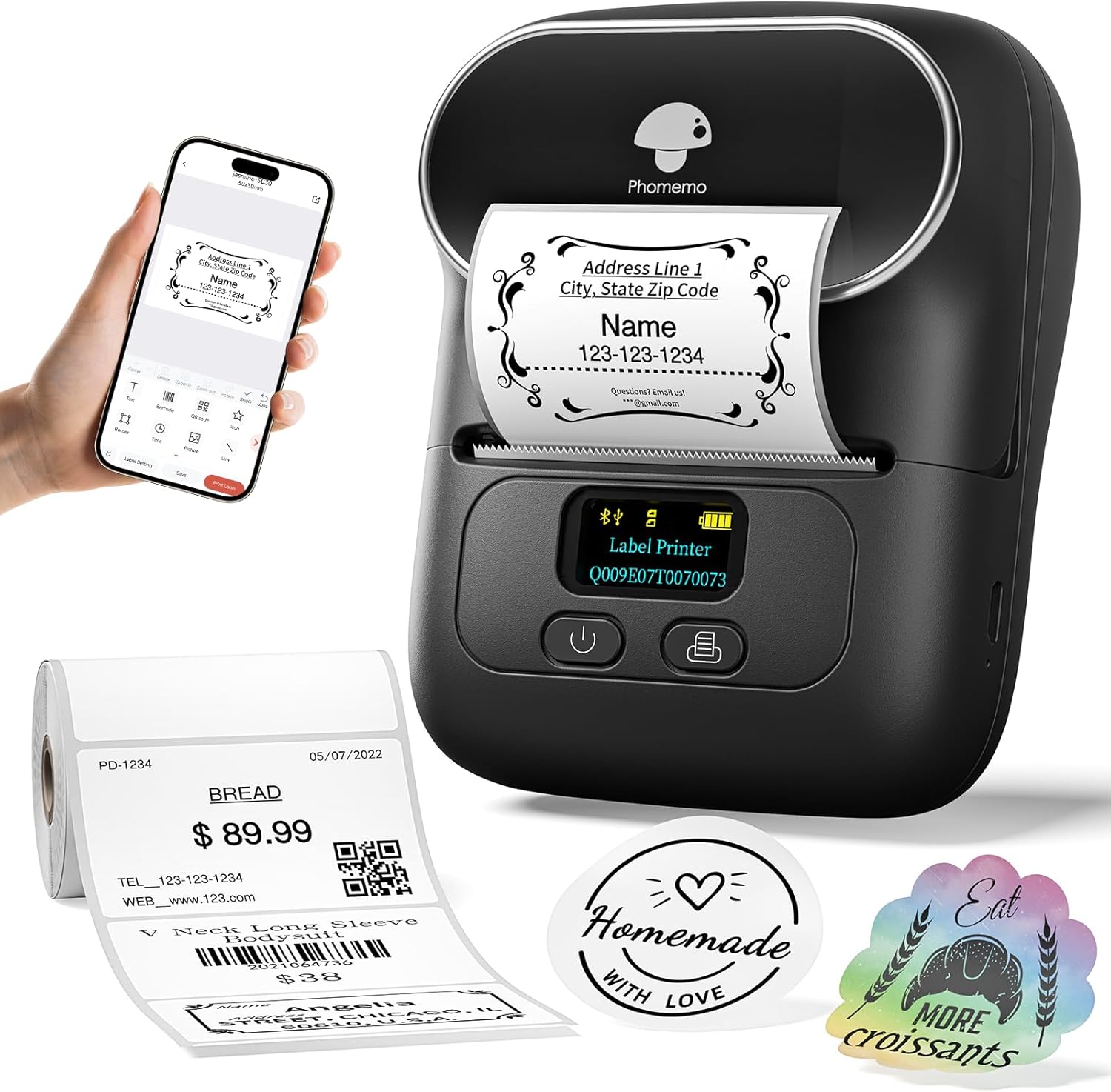 Phomemo Label Printer M110 Upgraded Label Maker Bluetooth No Ink Portable for Small Business, Address, Office, Home for Phone; for PC/Mac(USB), with 100 Labels, Ebony Black