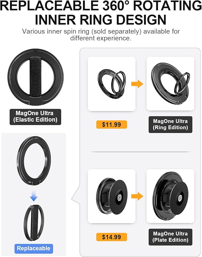 EWA MagOne Ultra Phone Grip Stand with Replaceable Elastic Finger Loop, Removable Magnetic Ring Holder Kickstand Loop, Double-Sided Magnetic Accessories for iPhone 16, 15, 14, 13 Pro/Max/Plus-Black