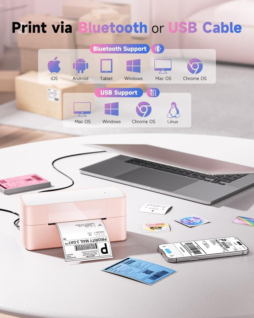 Bluetooth Thermal Label Printer Pink, Wireless 4x6 Thermal Shipping Printer Pink for Small Business & Shipping Package, Desktop Printing, Compatible with Amazon, Ebay, Shopify, Etsy, USPS