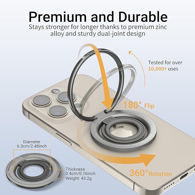 OPSO Magnetic Phone Ring Holder for MagSafe, 360° Rotatable Gym Finger Ring Grip Stand, [Dual-Sided Magnet] Magnetic Phone Grip Adjustable Kickstand for iPhone 16 15 14 13 12/Pro/Max, All Smartphone