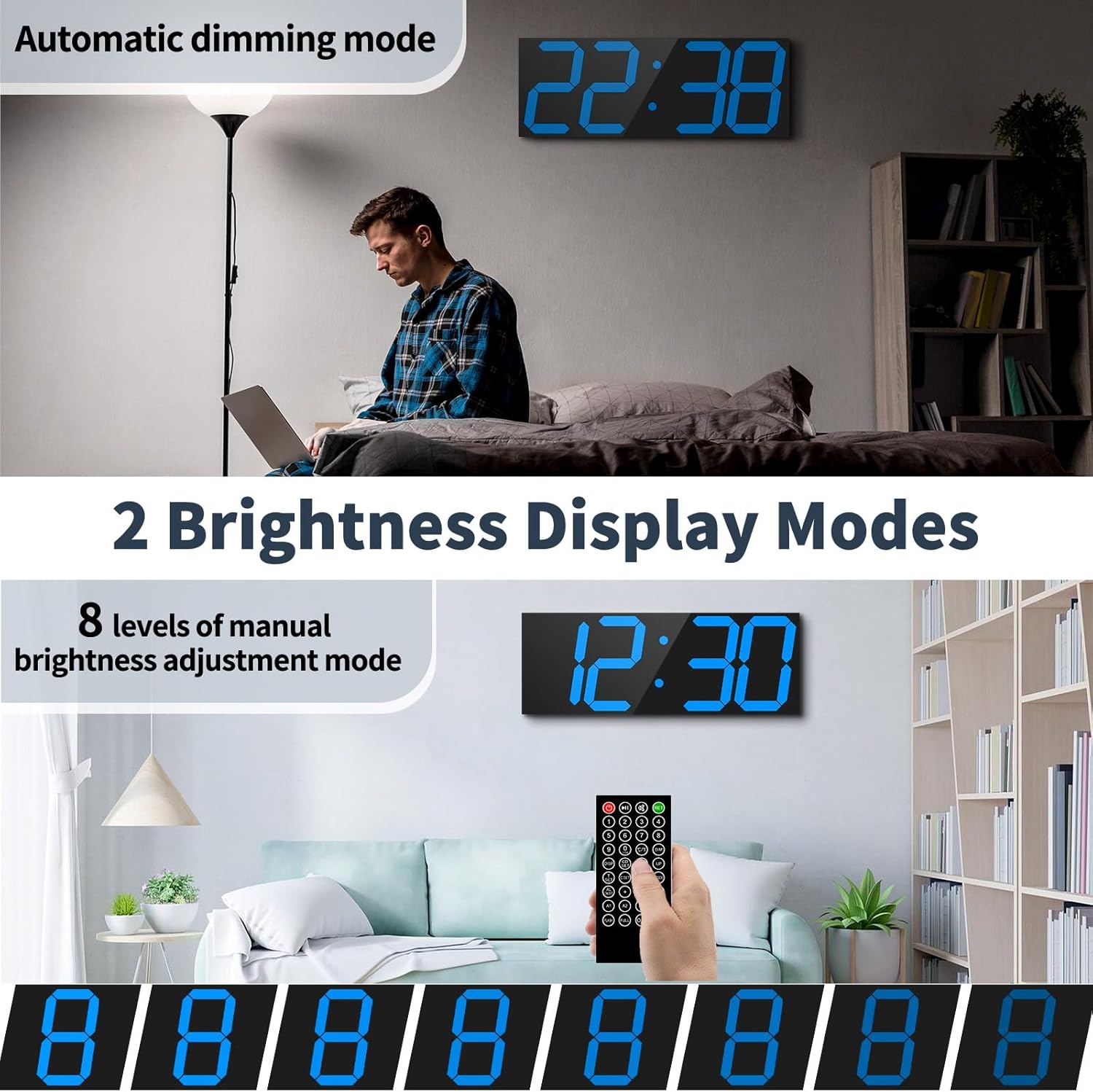 18.7'' Automic Digital Wall Clock, LED Wall Clock with Large Display, Multi-Function Clock with Alarm and Timer, Auto Time Sync Digital Clock with Adjustable Brigthness(Blue)