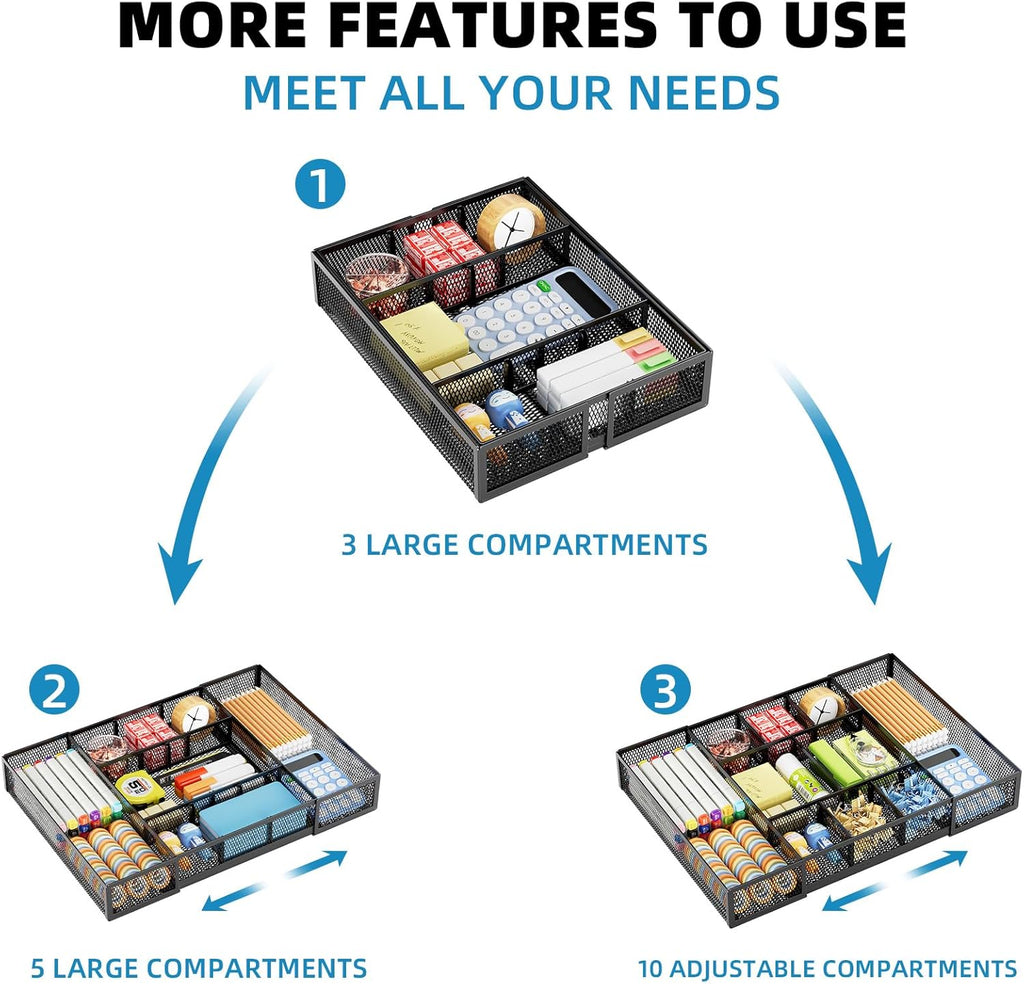 Marbrasse Expandable Desk Drawer Organizer, Mesh Drawer Organizer Tray with 10 Adjustable Compartments, Desk Organizers and Accessories, 5 Dividers Drawer for Office Supplies, Makeup & Vanity (Black)