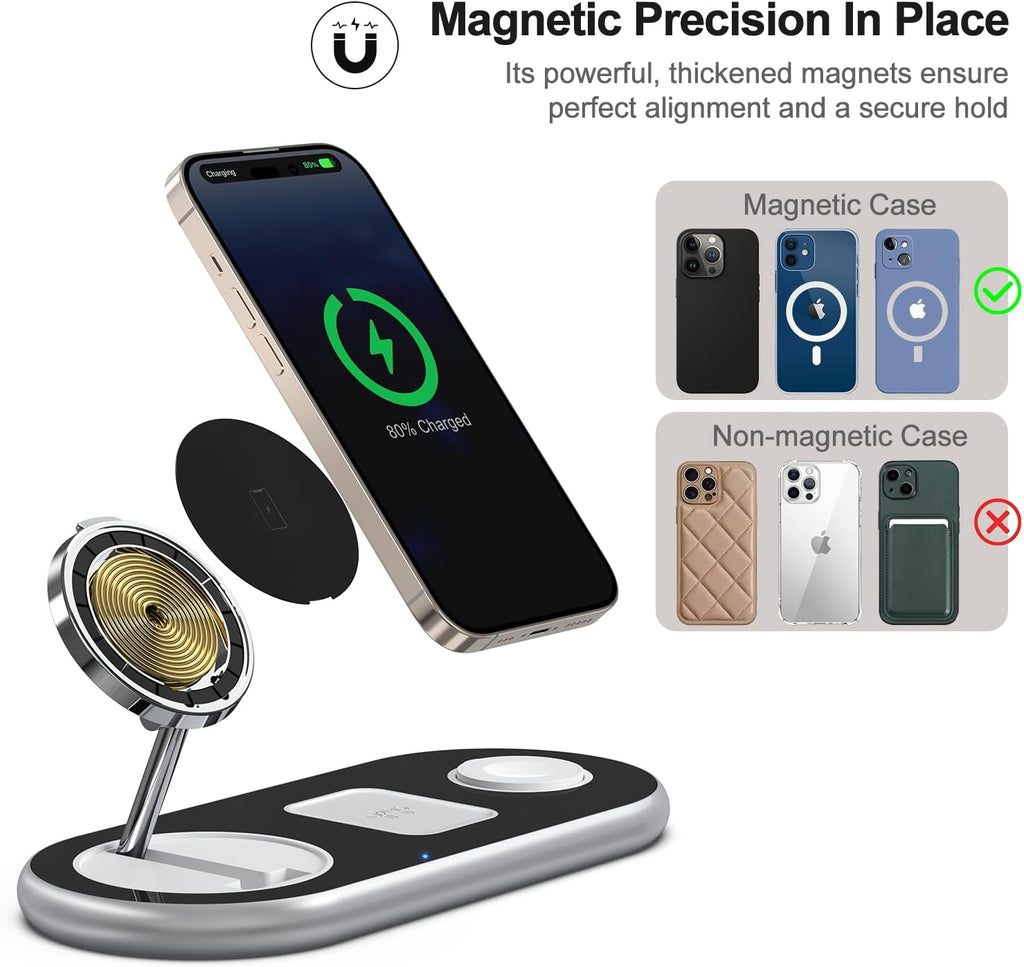 3 in 1 Charging Station for Apple Devices, Faster Mag-Safe Charger Stand, Magnetic Wireless Charger Station for iPhone 16 15 14 13 12 Pro Max Plus, Apple Watch iwacth & AirPods, Adjustable Angle