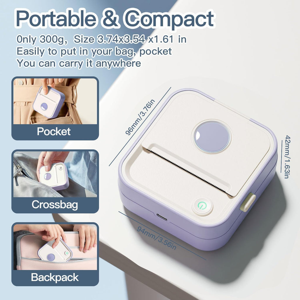 Label Maker Machine, HD Mini Sticker Printer with 7 Rolls Paper, Portable Thermal Print Pod Supports 12-57mm Papers, Bluetooth Pocket Printer for Home, Kitchen, School,Compatible Phone&Tablet (Purple)