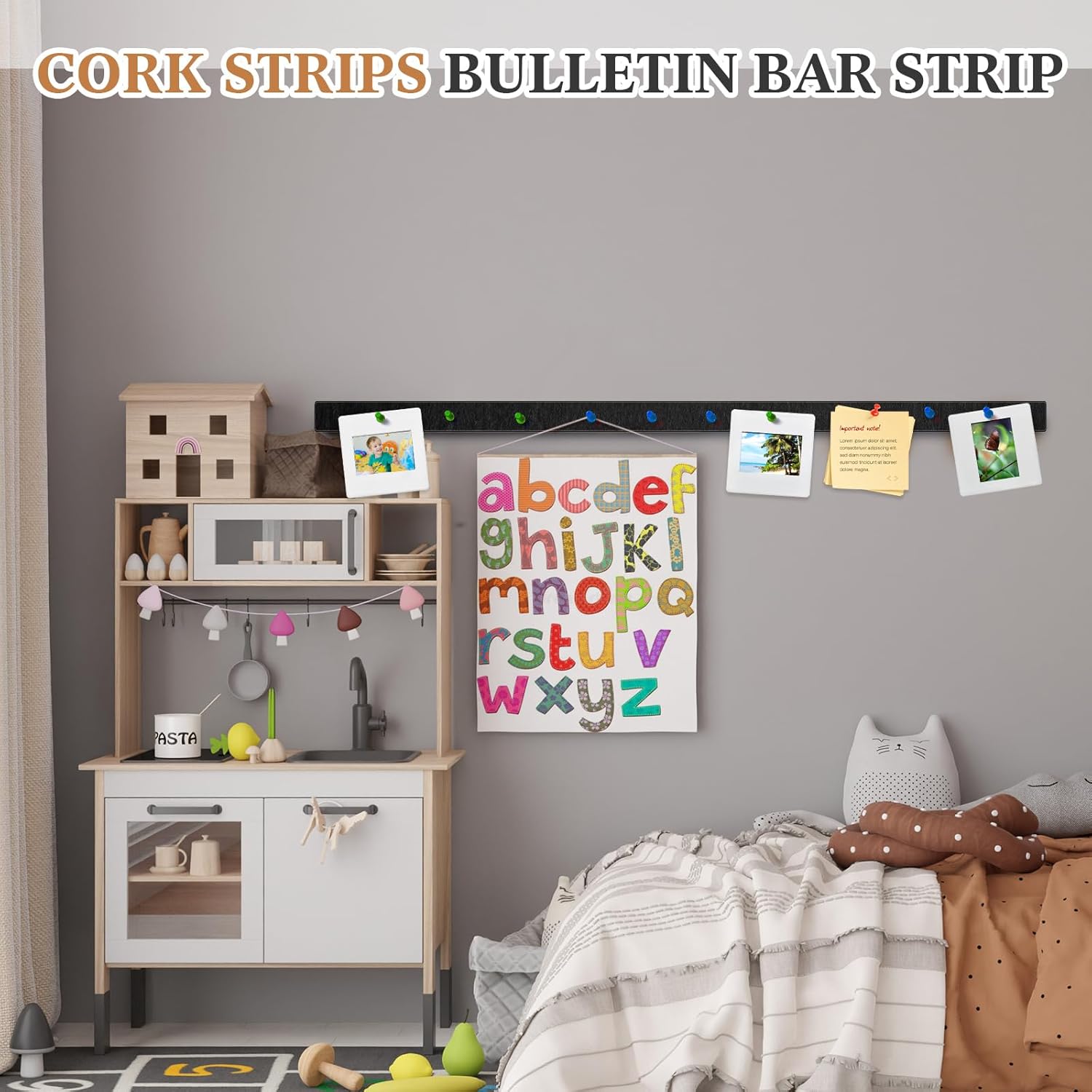 4 Pcs 48" x 1" Foldable Felt Cork Strips Bulletin Bar Strip for Wall Bulletin Board Decoration, Notice Board Self Adhesive Cork Wall Decoration, Paste Note, Photo, Schedules, Office Home Decor