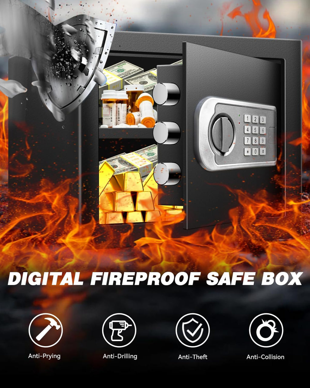 Medium Safe Box for Home - 2.0 CuFt Mountable Cabinet with Motion Light & Dual Alarm, Digital Keypad & Override Key, Removable Shelf - Secure Black Storage for Money, Files, and Valuables