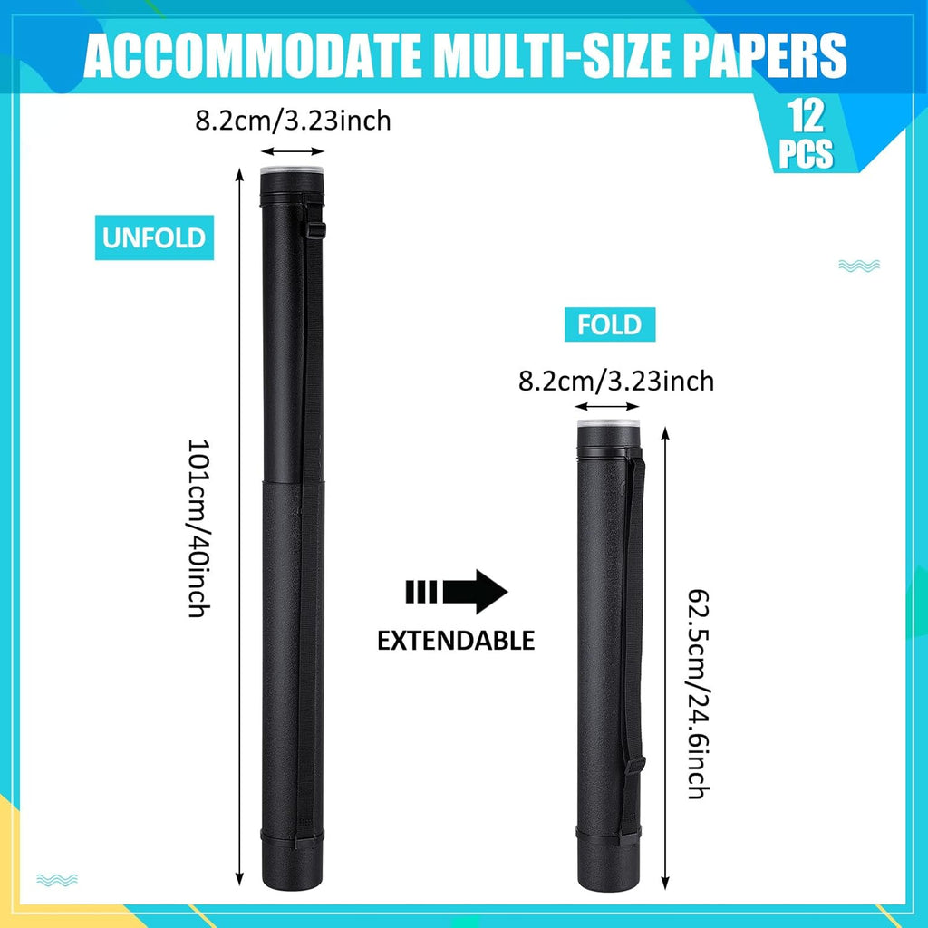 12 Pcs Black Poster Tube Bulk Extendable Blueprint Holder Expand from 24.5 to 40 Inch Portable Folder Organizer with Shoulder Straps and Lids for Maps, Documents, Drawings, Artworks, Scrolls