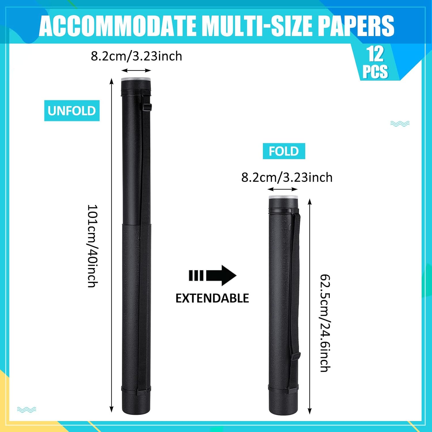 12 Pcs Black Poster Tube Bulk Extendable Blueprint Holder Expand from 24.5 to 40 Inch Portable Folder Organizer with Shoulder Straps and Lids for Maps, Documents, Drawings, Artworks, Scrolls