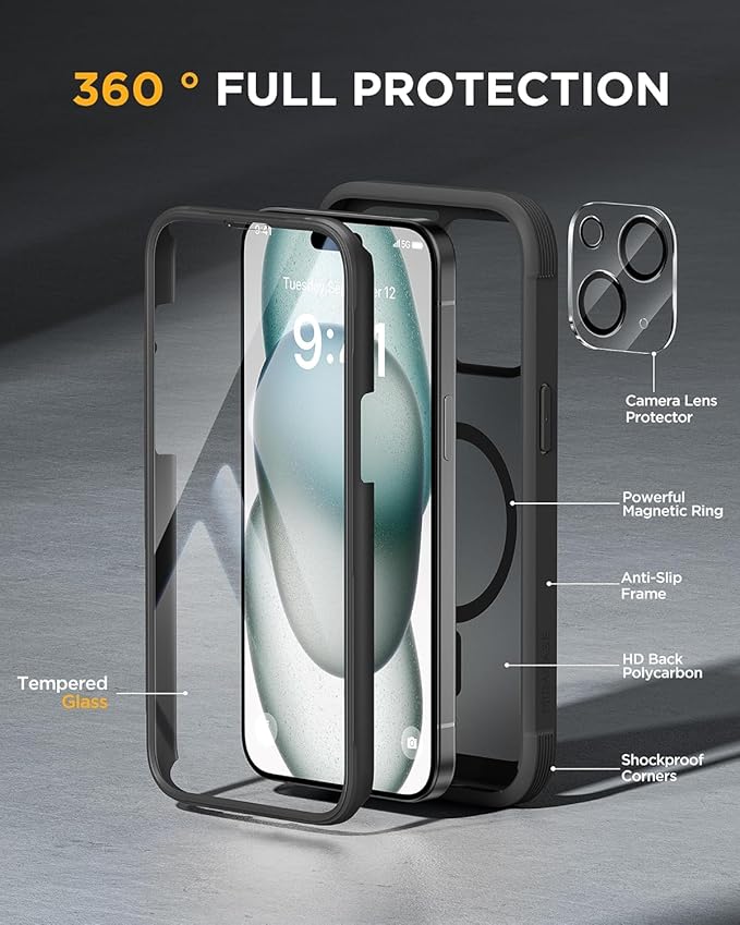 Miracase Magnetic for iPhone 15 Plus Case 6.7'' [Compatible with Magsafe] only for 15 Plus Phone Case Cover with Built-in 9H Tempered Glass Screen Protector,Magnetic Frosted Black