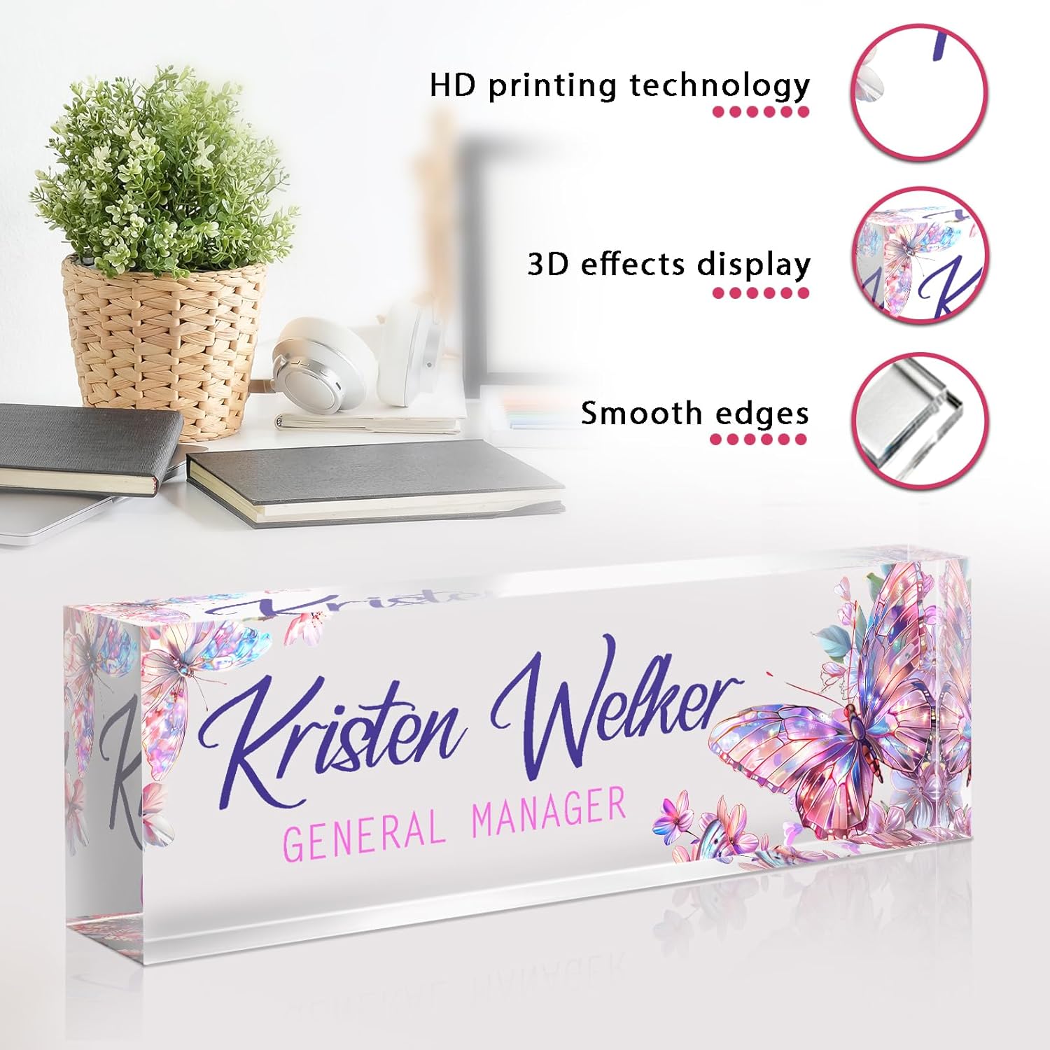 Personalized Name Plate for Desk - Custom Engraved Name Plates for Man - Boss Day Gifts for Boss - Acrylic Office Decor Appreciation Gifts for Teacher Nurse Coworker Social Worker (Butterfly)