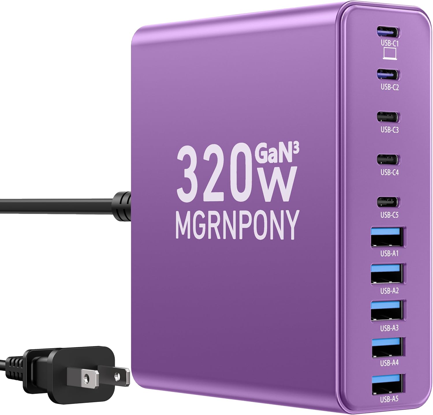 320W USB C Charger Block, 10-Port USB C Charging Station GaN III PD 65W Laptop Fast Charger Adapter for MacBook Pro/Air, DELL, iPad, iPhone, Samsung Galaxy (Purple)