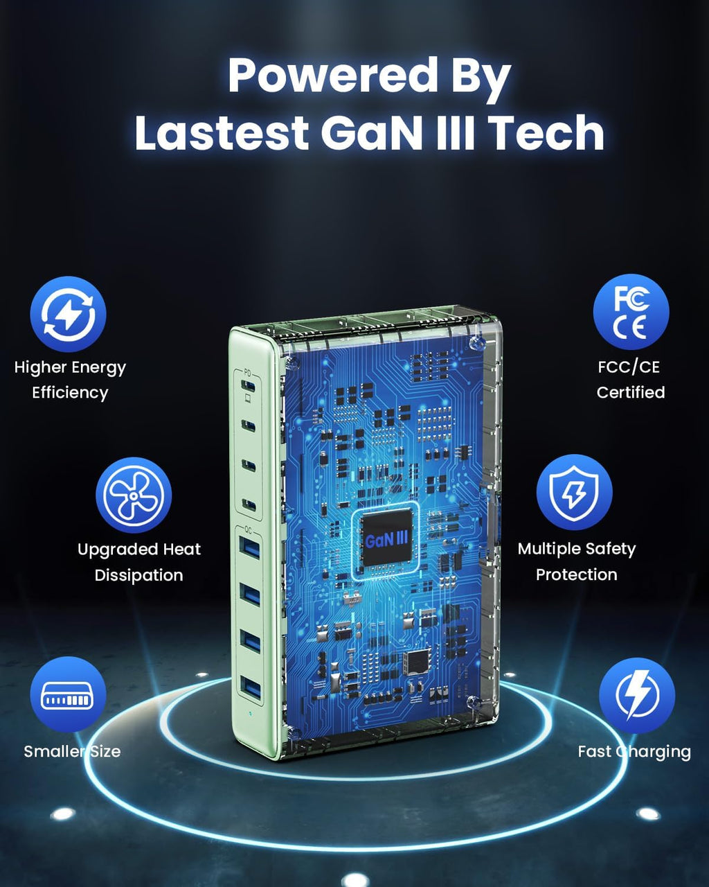 200W USB C Charger Block,8-Ports GaN III Fast Charging Station Hub,QC4.0+PD 65W Laptop Charger Wall Chargers Power Adapter for MacBook Pro/Air,DELL,Steam Desk,iPhone 16/15,iPad,Galaxy S25,Pixel-Green