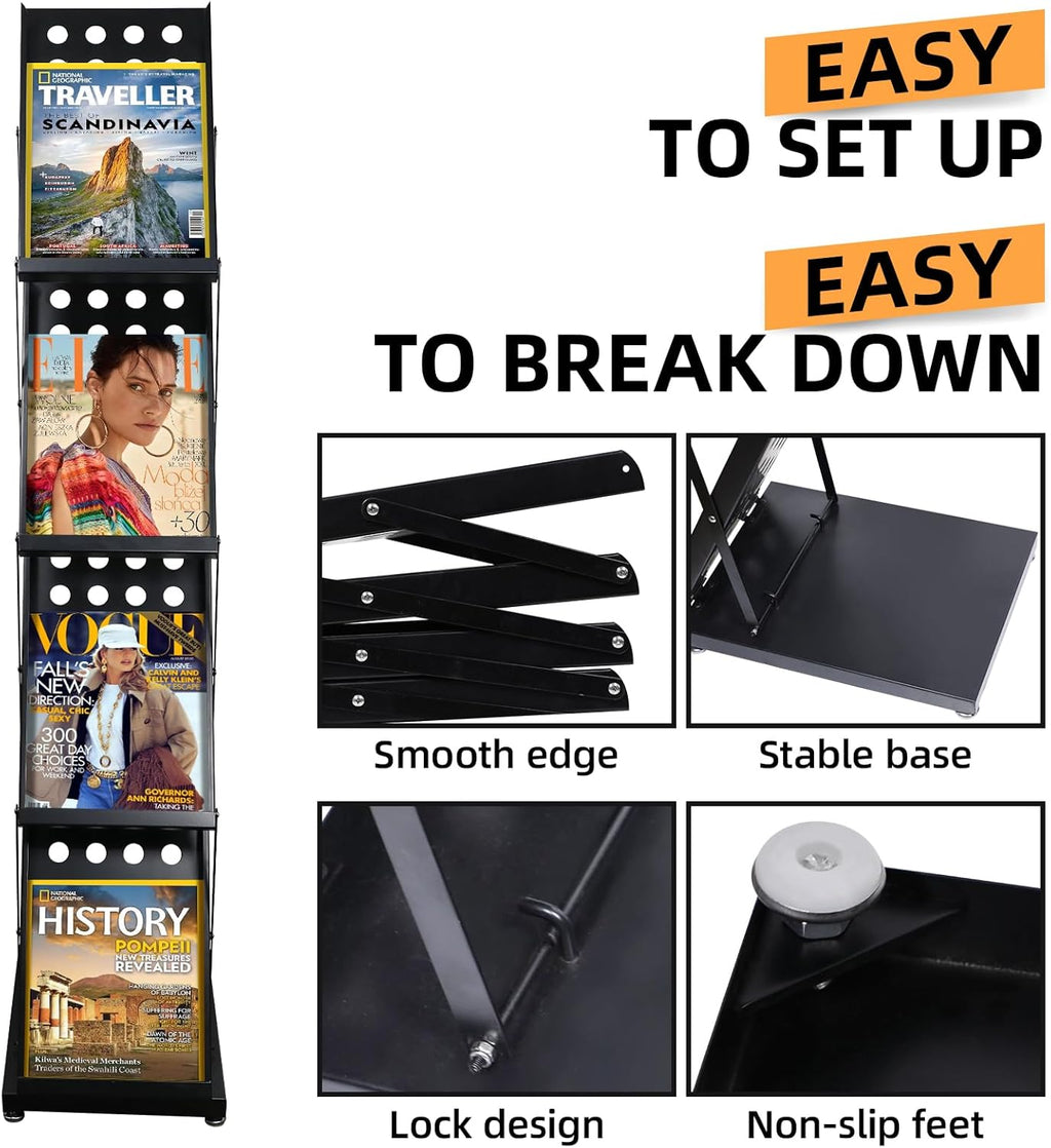 4 Pocket Folding Metal Black Literature Rack with Case Brochure Stand for Trade Show Exhibition Office Retail