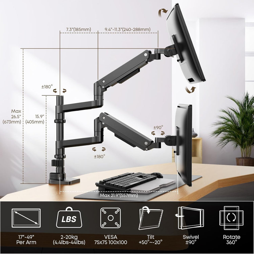 PUTORSEN 17-49 inch Premium Aluminum Heavy Duty Dual Monitor Arm for Ultrawide Screens up to 44lbs, Vertical Stacked Dual Monitor Desk Mount, Full Motion Dual Vertical Monitor Mount, VESA 75/100,Black