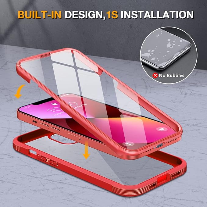 Miracase Compatible with iPhone 13 case 6.1 inch, 2021 Upgrade Full-Body Glass Clear Case Bumper Case with Built-in 9H Tempered Glass Screen Protector for iPhone 13-Red