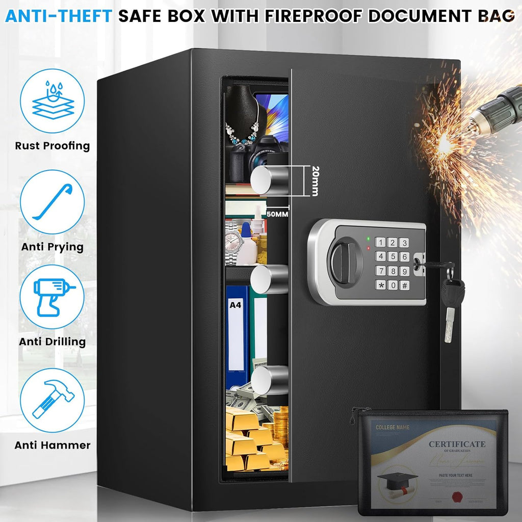 2.6 Cuft Safe Box, Steel Home Security Safe with Fireproof Waterproof Money Bag, Anti-Theft Safes for Home with Programmable Keypad Keys, Digital Safety Box for Documents Valuables Jewelry