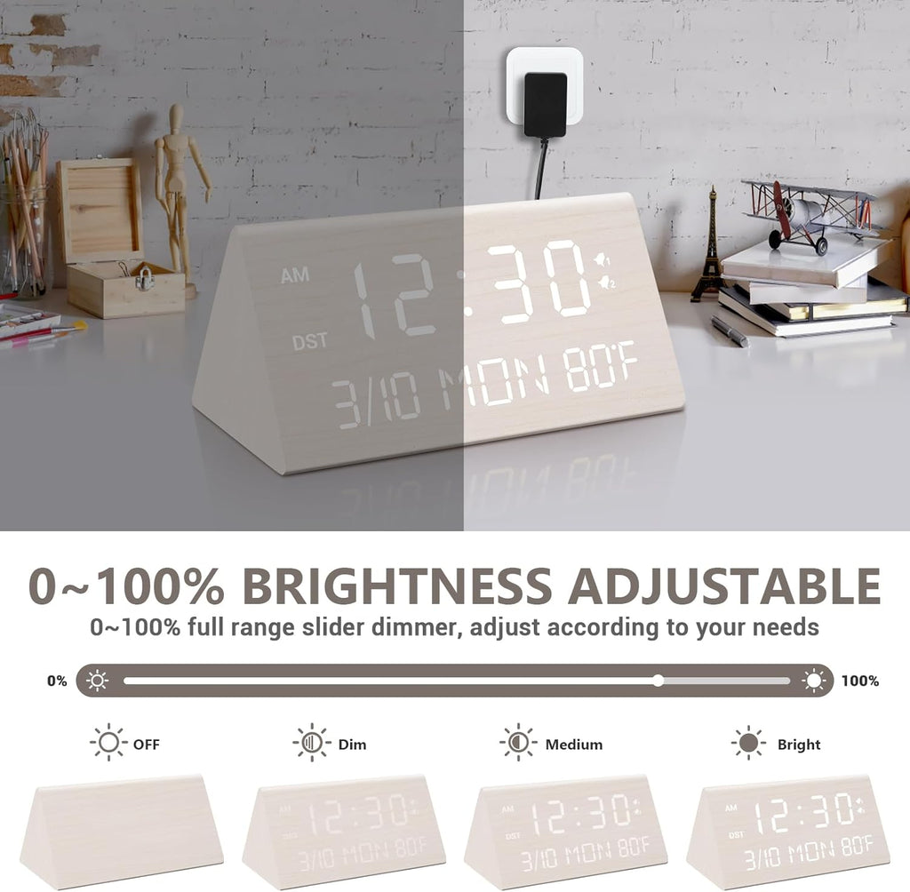 Kogonee Wooden Digital Alarm Clock, 0-100% Dimmer, 2 Alarm Settings, Weekday/Everyday Mode, 9 Mins Snooze, 12/24H, Temperature and Date Display for Office, Travel, Bedroom Alarm Clock (White)