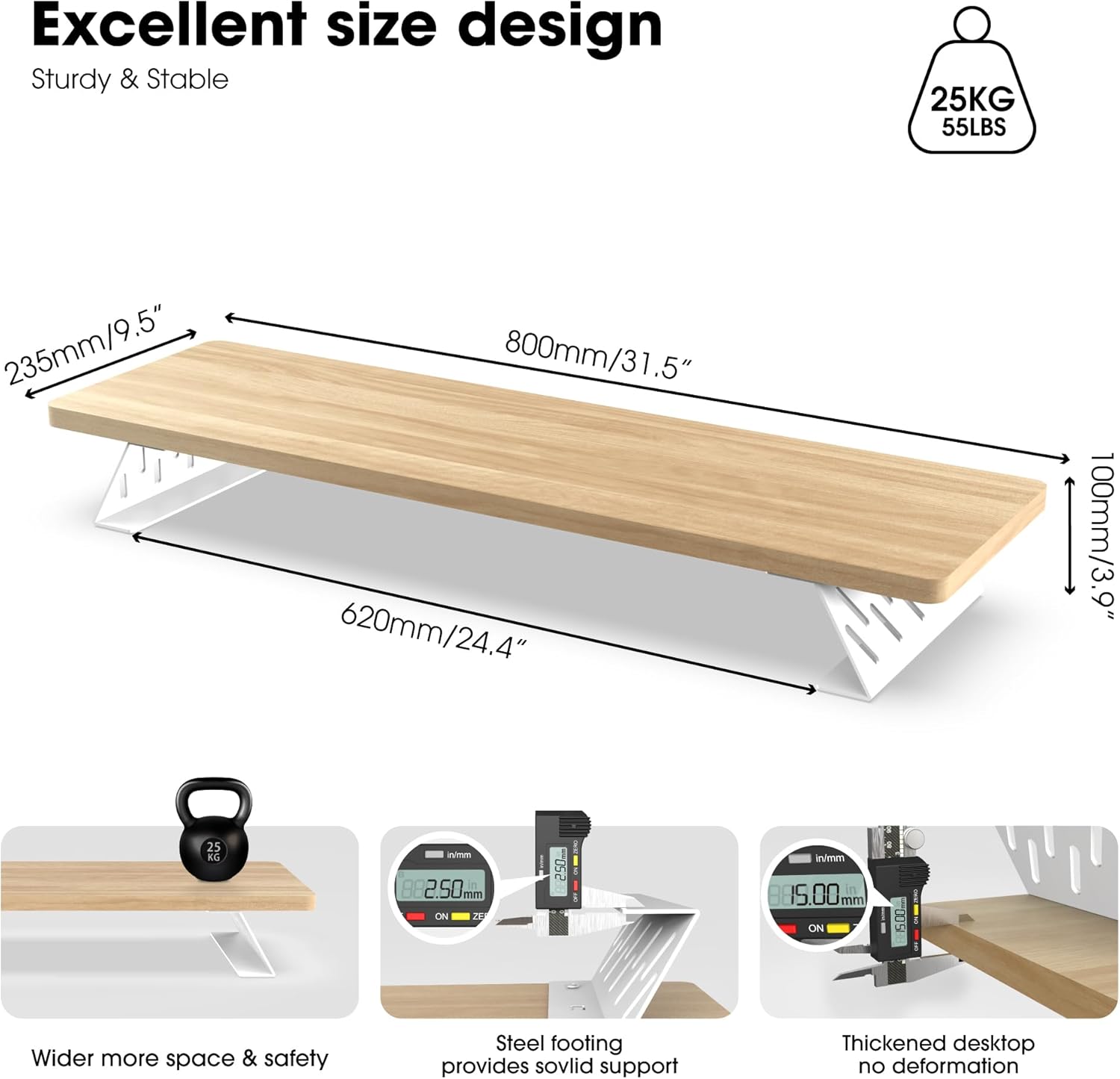 Fenge Monitor Stand Riser, Desk Top Shelf for 2 Monitors, Computer Stands for Desk, Wood & Steel Desktop Riser for Laptop, PC, Printer