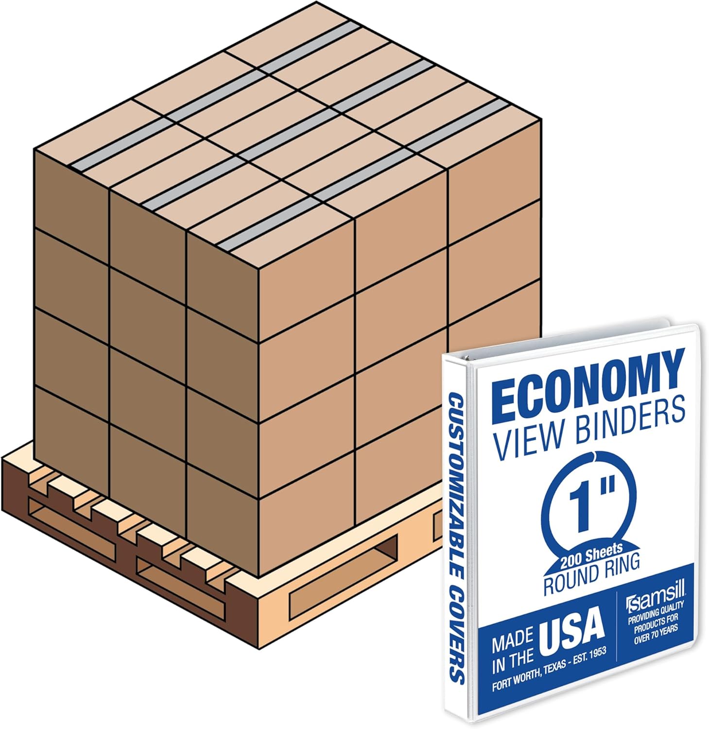 Samsill 1 Inch 3 Ring Binders, Made in USA, Economy Round Ring with Clear View Cover, 200 Sheet Capacity, White, Pallet of 864 Binders in 36 Cartons