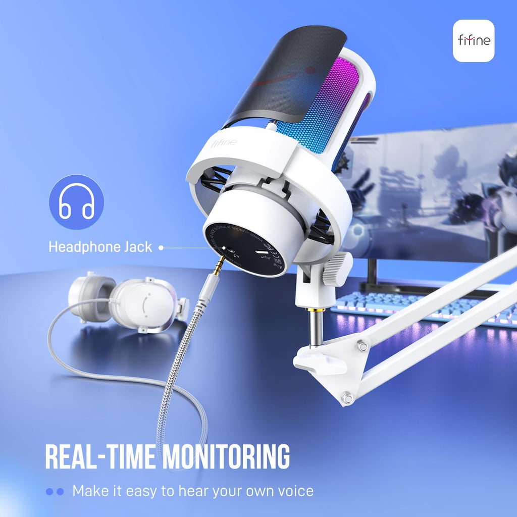 FIFINE Gaming PC USB Microphone Kit, Condenser RGB Mic with Metal Boom Arm, Mute, Gain Knob, Headphones Monitoring, Streaming Microphone Bundle for PS4/PS5, YouTube, Discord, Twitch-A8T White