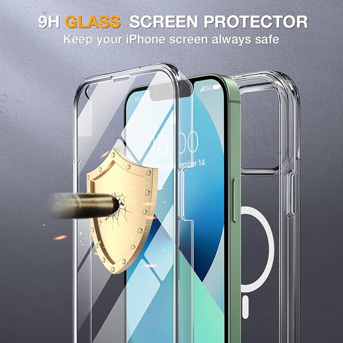 Miracase Glass Series Designed for iPhone 13 Case 6.1 inch, 2023 Upgrade Full-Body Magnetic Clear Case with Built-in 9H Tempered Glass Screen Protector,Compatible with MagSafe,Clear